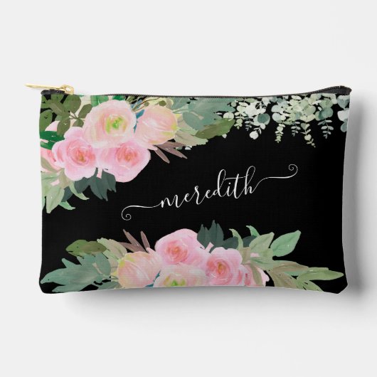 Mooie Waterverf Zwart en Roze Bloemen Naam Etui (Voorkant)