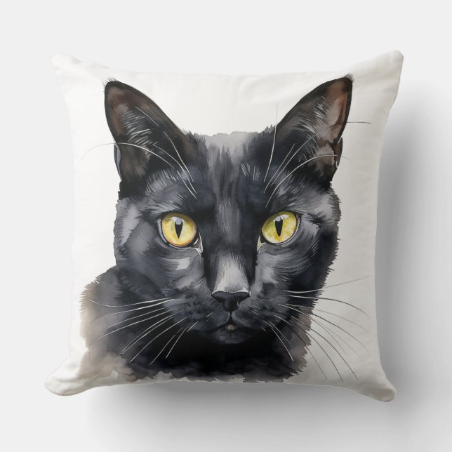 MOOIE WATERVERF ZWART KATTENGEZICHT KUSSEN (Voorkant)