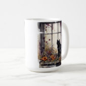 MOOIE WATERVERF ZWARTE KAT ZITTEND IN RAAM KOFFIEMOK (Voorkant rechts)