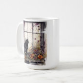 MOOIE WATERVERF ZWARTE KAT ZITTEND IN RAAM KOFFIEMOK (Voorkant links)