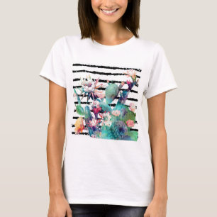 Mooie waterverfcactus bloemen en strepenontwerp t-shirt