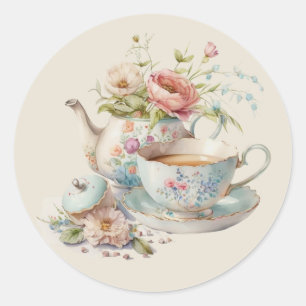 Mooie waterverfteepot met bloemboeket klassieker ronde sticker