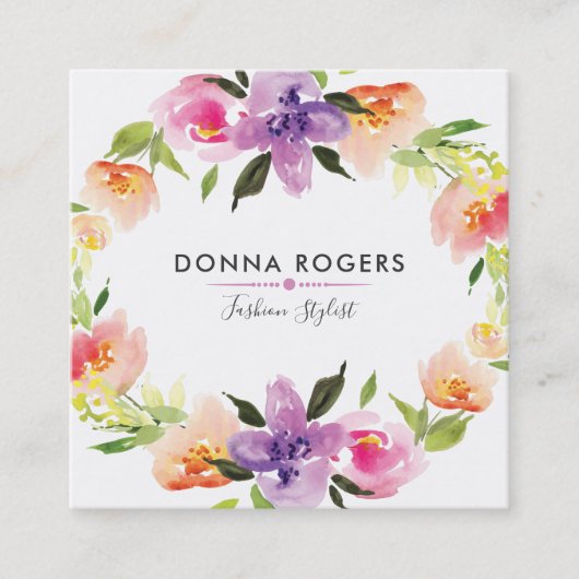 Mooie Waterverven Bloemen krans Vierkante Visitekaartje (Voorkant)