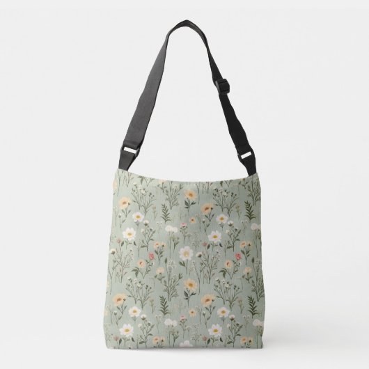 Mooie weide bloemen op groen crossbody tas (Voorkant)