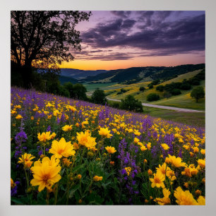 Mooie weide met levendige bloemen bij zonsopgang poster