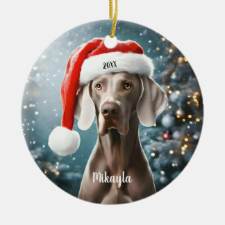 Mooie Weimaraner met Kerstmis in Santa Hat Keramisch Ornament