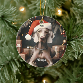 Mooie Weimaraner met Kerstmis in Santa Hat Keramisch Ornament
