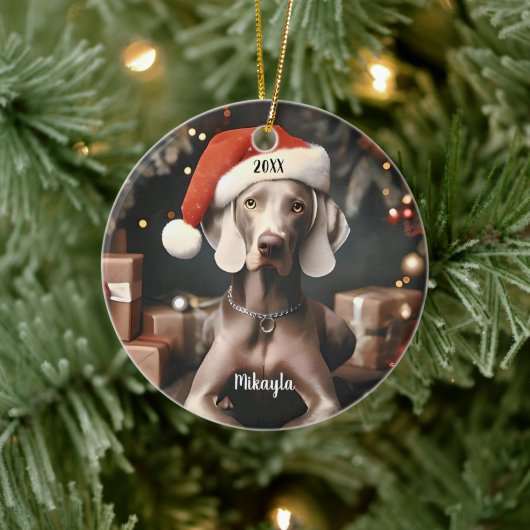 Mooie Weimaraner met Kerstmis in Santa Hat Keramisch Ornament (Boom)