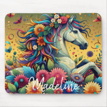 Mooie Whimsical Kleurrijke Bloemen en Witte Paard
