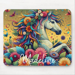 Mooie Whimsical Kleurrijke Bloemen en Witte Paard Muismat