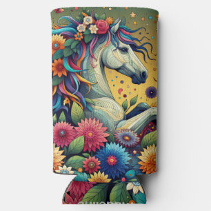 Mooie Whimsical Kleurrijke Bloemen en Witte Paard Seltzer Blikjeskoeler