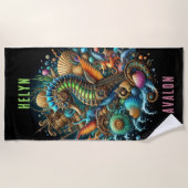 MOOIE WHIMSICAL STEAMPUNK ZEEPAARDJE OP ZWART STRANDLAKEN (Voorkant)