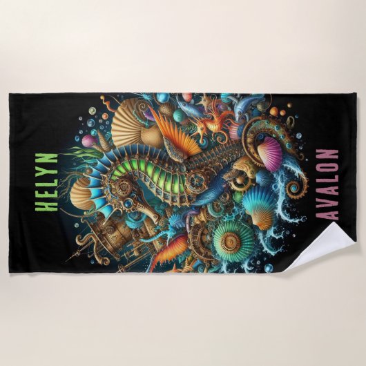 MOOIE WHIMSICAL STEAMPUNK ZEEPAARDJE OP ZWART STRANDLAKEN (Voorkant)