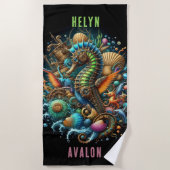 MOOIE WHIMSICAL STEAMPUNK ZEEPAARDJE OP ZWART STRANDLAKEN (Voorkant)