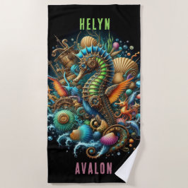 MOOIE WHIMSICAL STEAMPUNK ZEEPAARDJE OP ZWART STRANDLAKEN