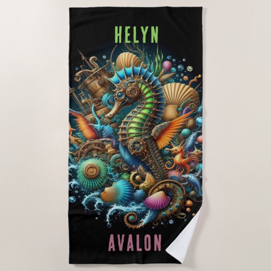 MOOIE WHIMSICAL STEAMPUNK ZEEPAARDJE OP ZWART STRANDLAKEN (Voorkant)