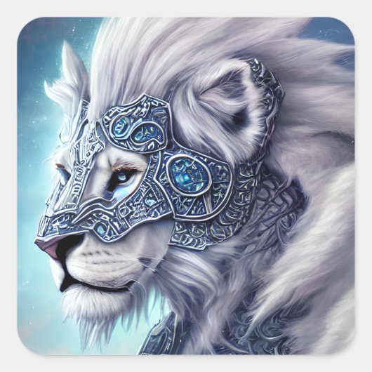 Mooie White Armored Warrior Lion Vierkante Sticker (Voorkant)