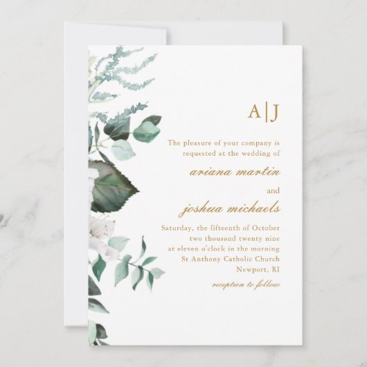 Mooie White Floral en Greenery Monogram Invit Kaart (Voorkant)