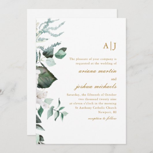 Mooie White Floral en Greenery Monogram Invit Kaart (Voorkant / Achterkant)