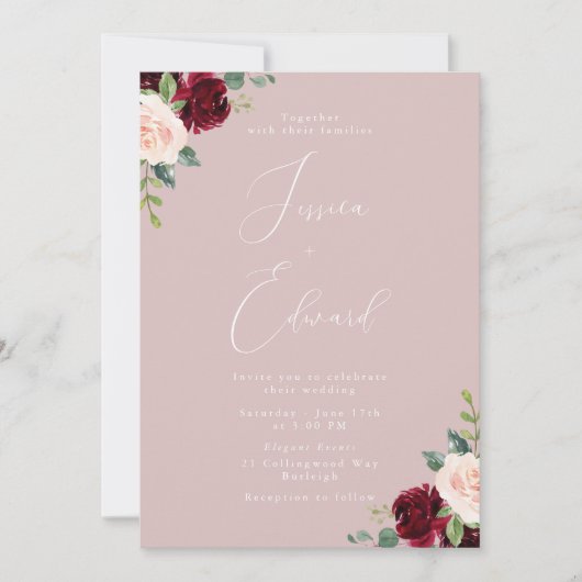 Mooie wijn & blush elegantie bruiloft kaart (Voorkant)