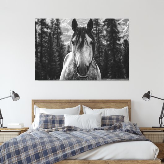 Mooie Wild Spirited Horse Zwart en Wit Canvas Afdruk (Insitu (Slaapkamer))