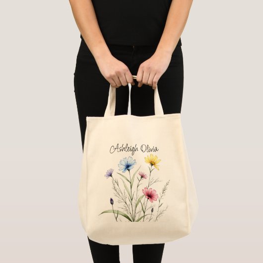 Mooie wilde bloem potloodschets stijl boodschappen tote bag (Voorkant (product))