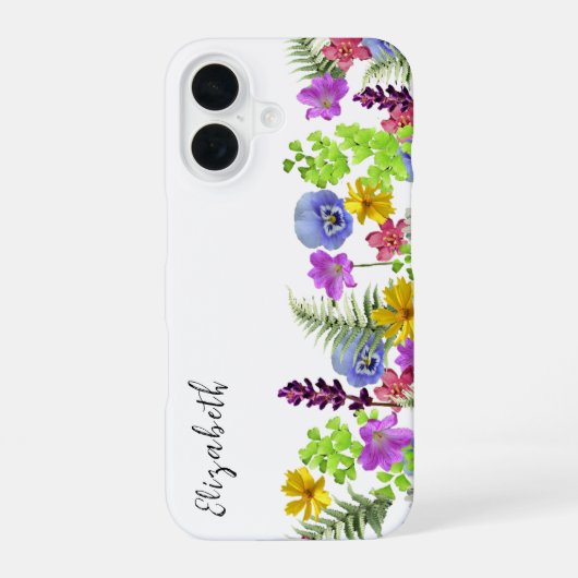 Mooie Wilde Bloemen Aangepaste Naam en Monogram iPhone 16 Hoesje (Achterkant)