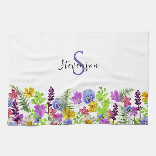 Mooie Wilde Bloemen Aangepaste Naam en Monogram Theedoek (Horizontaal)