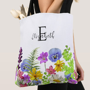 Mooie Wilde Bloemen Aangepaste Naam en Monogram Tote Bag