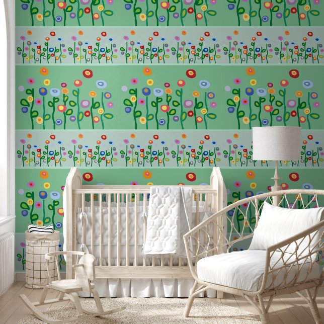 Mooie wilde bloemen horizontale strepen Behang (Kinderen)