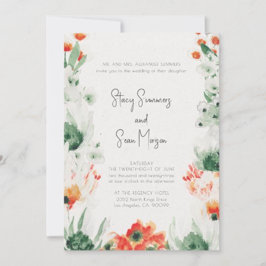 Mooie wilde bloemen in waterverf tuin bruiloft kaart (Voorkant)