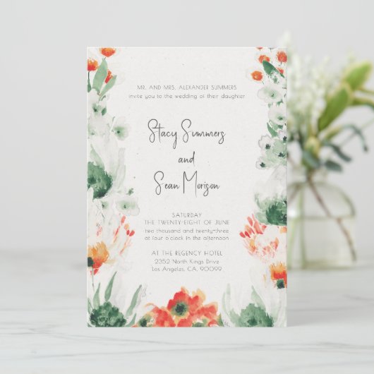 Mooie wilde bloemen in waterverf tuin bruiloft kaart (Staand voorkant)