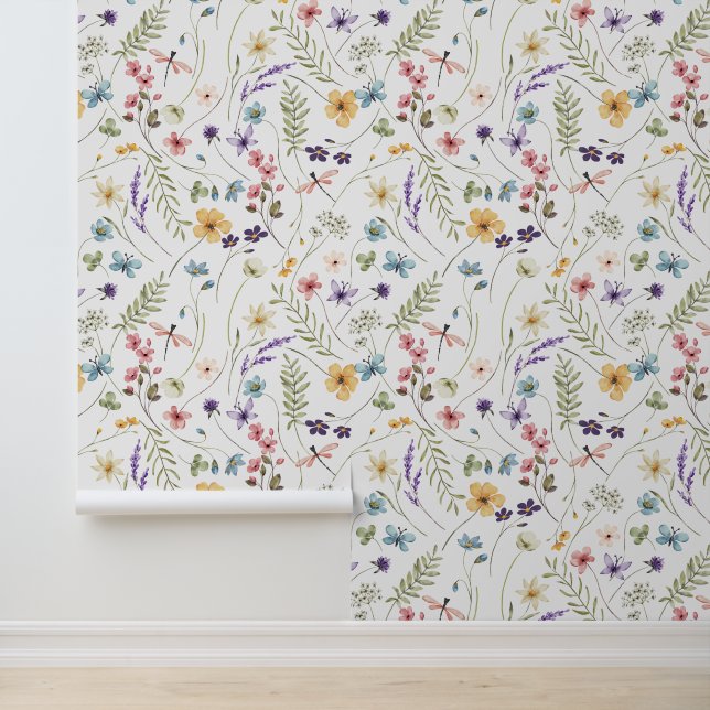Mooie Wilde Bloemen Libellen Bloemig Behang (Applicatie)