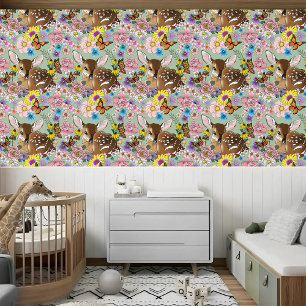 Mooie Wilde Bloemen Lichtblauwe Babyree Herten Bos Behang