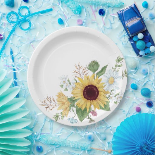 Mooie wilde bloemen met zonnebloem en madeliefje papieren bordje (Feest)