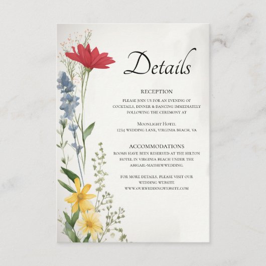 Mooie Wildflower Natuur Bloemen bruiloft Details Informatiekaartje (Voorkant)