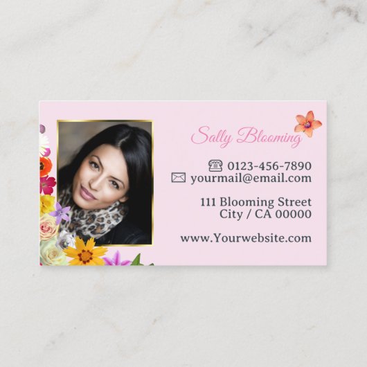 Mooie Wildflowers Roze Fijn Goud Lijst en Foto Visitekaartje (Achterkant)