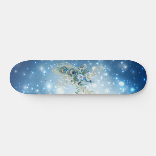 Mooie winter blauwe bloemenpauw persoonlijk skateboard (Horizontaal)