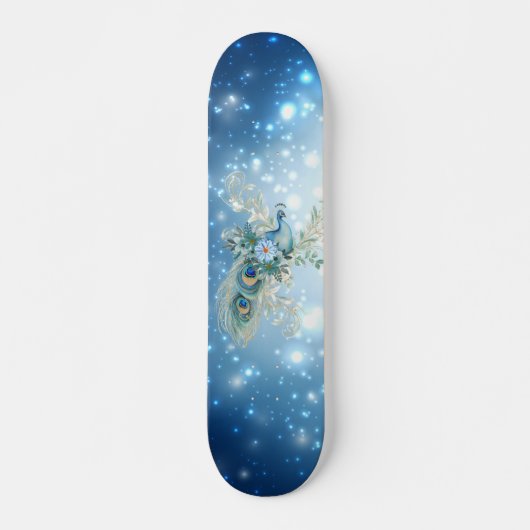 Mooie winter blauwe bloemenpauw persoonlijk skateboard (Voorkant)