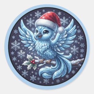 Mooie Winter Blauwe Vogel Kerstman Hoed Ornament Ronde Sticker