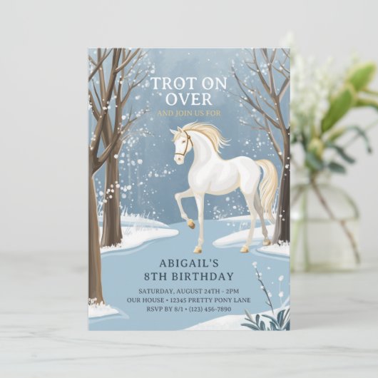 Mooie Winter Bos Sneeuwwitje Paard Verjaardag Kaart (Staand voorkant)