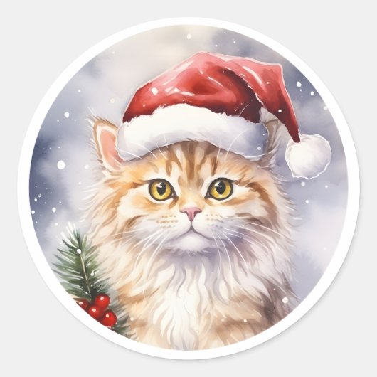 Mooie Winter Kerstkat in Santa Hat Ronde Sticker (Voorkant)