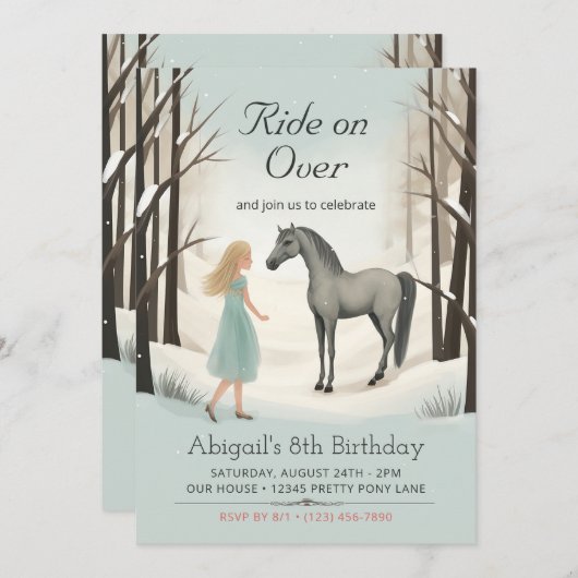 Mooie Winter Paard en Meisje Pony Verjaardag Kaart (Voorkant / Achterkant)
