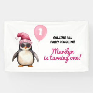 Mooie Winter Roze Pinguïn Eerste Verjaardag Meisje Spandoek