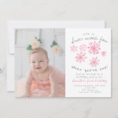 Mooie winter Roze sneeuwvlok 1e verjaardagsuitnodi Kaart (Voorkant)