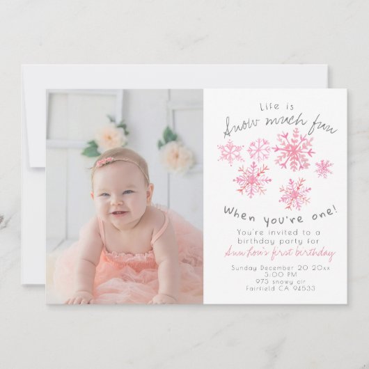 Mooie winter Roze sneeuwvlok 1e verjaardagsuitnodi Kaart (Voorkant)