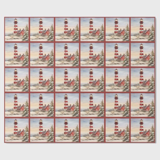 Mooie Winter Vuurtoren Scène Kerstmis Cadeaupapier (Vlak)