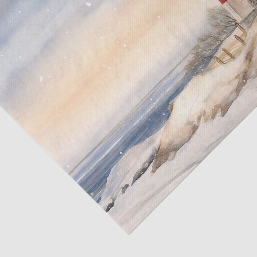 Mooie Winter Vuurtoren Scène Kerstmis Tissuepapier (Detail)