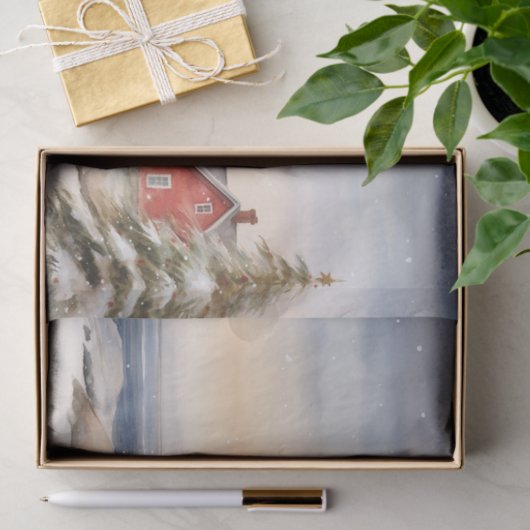 Mooie Winter Vuurtoren Scène Kerstmis Tissuepapier (Geschenk)