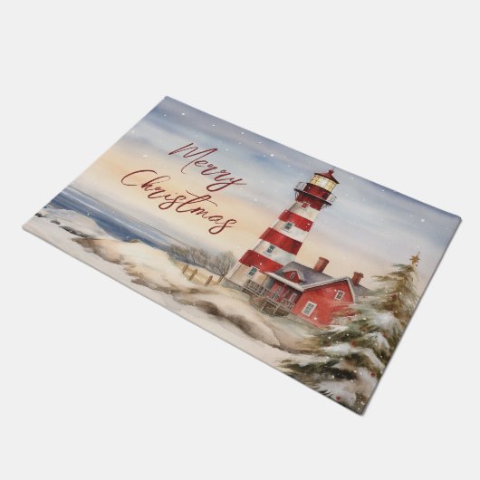 Mooie Winter Vuurtoren Scène Vrolijke Kerstmis Deurmat (Schuin)